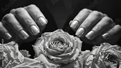 Black and white close-up of hands with pearl manicured nails holding roses in front of a dark backdrop