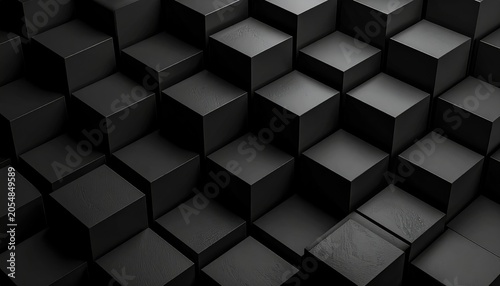 Dark, geometric texture of stacked 3D cubes in varying heights creates an abstract, modern architectural pattern