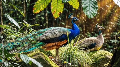 Beautiful Peacock with its Peahen in a Lush Green Forest Environment with Sunlit Foliage and Tranquil Vibe
