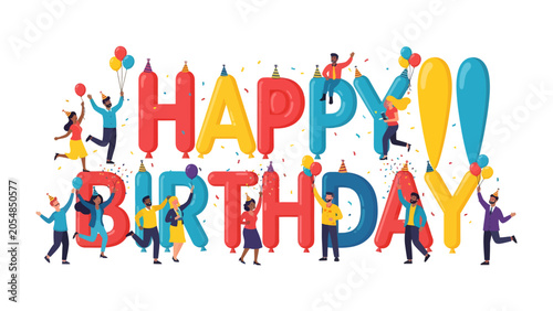 Fotografía Happy Birthday Celebration with Colorful Balloons: A vibrant illustration depicts the words Happy Birthday formed by colorful balloons, with tiny people joyfully celebrating, dancing