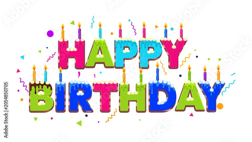 Fotografie Colorful Birthday Greeting: A vibrant and festive Happy Birthday message adorned with candles and confetti, perfect for celebrating a special day