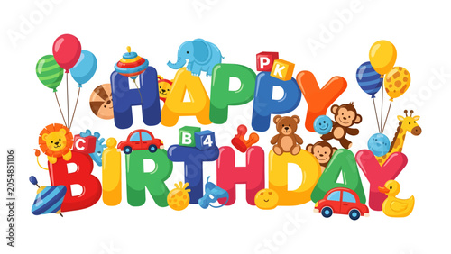 Canvas Print Happy Birthday with Toys and Balloons: A vibrant and colorful Happy Birthday message adorned with playful toys, including a teddy bear, lion, elephant, monkey, giraffe, and rubber duck