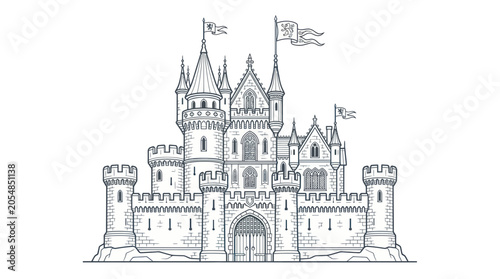 Fantasy Castle Line Drawing - Medieval Fortress with Flags
