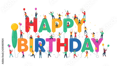 Konstfotografi Celebratory Birthday Bash: A vibrant and colorful illustration depicts a multitude of cheerful characters celebrating a momentous occasion atop giant, inflatable letters spelling out Happy Birthday
