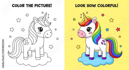 Unicorn coloring page illustration with colorful finished example and stars