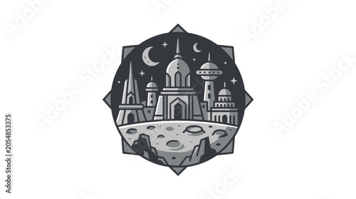 Photos Circular emblem of a futuristic space city at night.