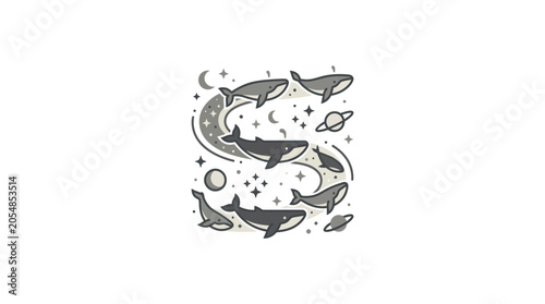 Photography Circular composition of swimming whales with moon and stars.