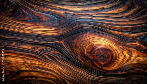 Close-up Macro View of Richly Textured Wood Grain with Knots.
