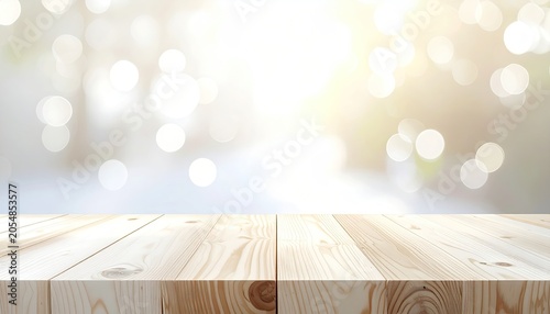 Empty Wooden Table Surface with Soft Bokeh Background.