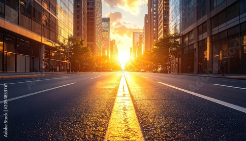 Golden Sunset Illuminates City Street with Modern Architecture.