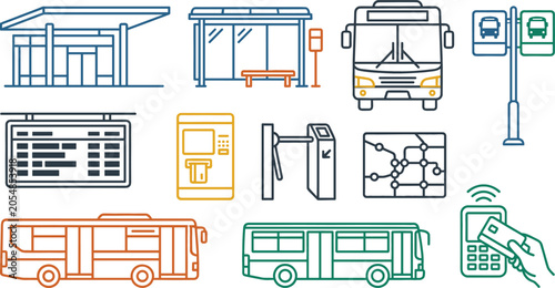 Public transportation and bus transit outline icon set featuring station terminal shelter schedule timetable ticket machine turnstile map and payment