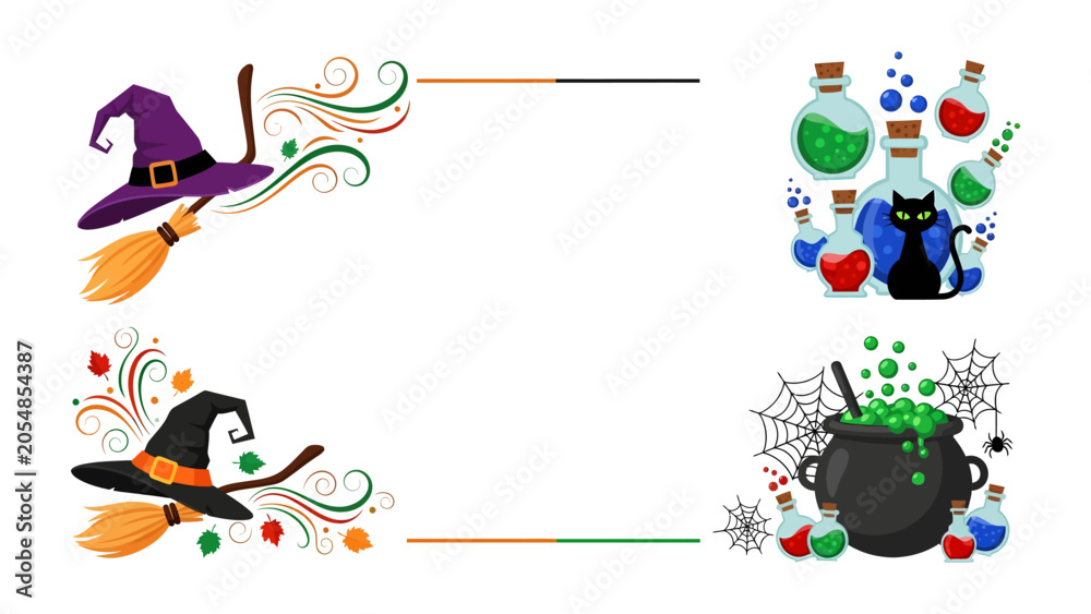 Fototapeta premium Halloween Border Design: A whimsical collection of Halloween-themed elements, featuring witch hats and brooms on one side and cauldrons, potions, and a black cat on the other.