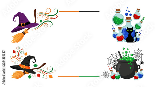 Fotografie Halloween Border Design: A whimsical collection of Halloween-themed elements, featuring witch hats and brooms on one side and cauldrons, potions, and a black cat on the other