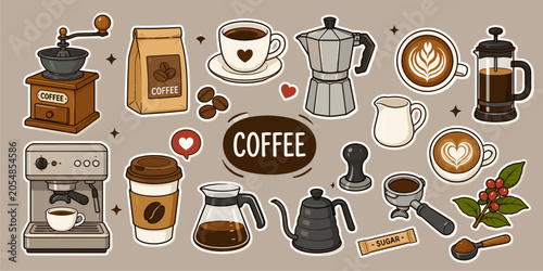 Coffee Doodle Sticker Pack with Brewing Tools and Coffee Shop Elements