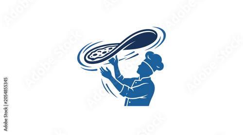 Foto A blue silhouette illustration of a professional chef tossing pizza dough in the air