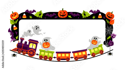 Quadro su tela Halloween Train Adventure: A whimsical Halloween-themed train chugs along a track, carrying adorable ghost passengers and framed by festive pumpkins, bats, and candy corn
