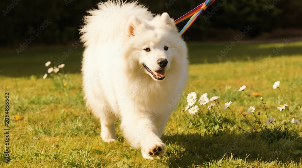 Obraz premium Fluffy white Samoyed dog runs on green grass with daisies. Colorful leash attached, pet enjoys sunny outdoor walk in garden. Purebred canine friend, happy.