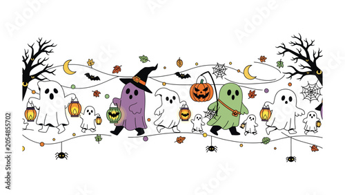 Foto Halloween Ghosts Parade: A whimsical Halloween scene featuring cute ghost characters, a witch, a pumpkin, and spooky elements like bats and spiders, celebrating the festive spirit of the holiday