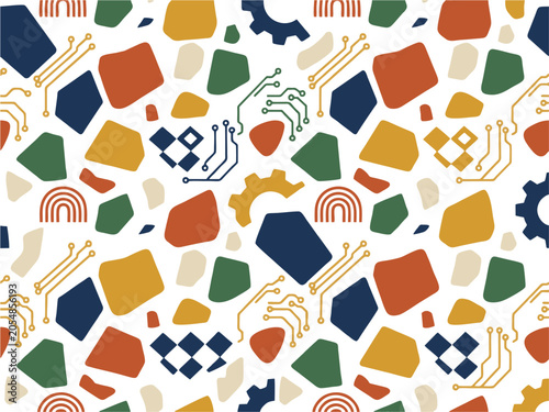 Abstract Organic Terrazzo Seamless Pattern with Tech Elements, Scandinavian Boho Modern Background Vector