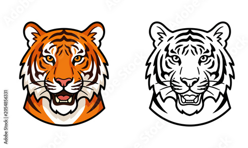 Tiger Face Flat Style Vector Illustration Set with Colored and Outline Design on Transparent Background