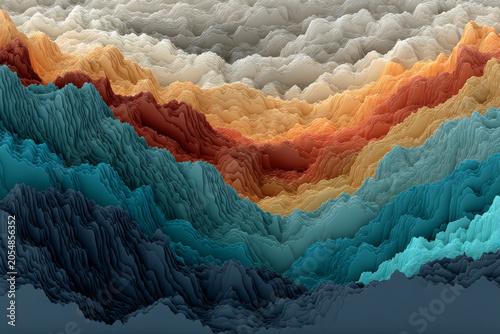 Abstract digital illustration of layered mountain ranges in vibrant colors, featuring shades of blue, orange, and brown, creating a textured, wavy landscape