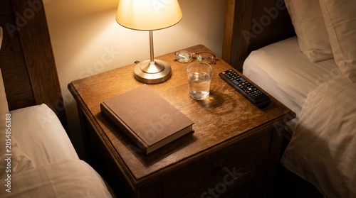 Photos Closed brown book resting on a wooden nightstand with a lamp and glass of water