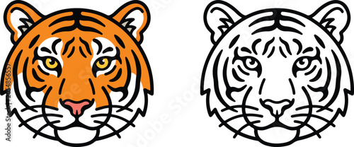 Tiger Face Flat Style Vector Illustration Set with Colored and Outline Design on Transparent Background