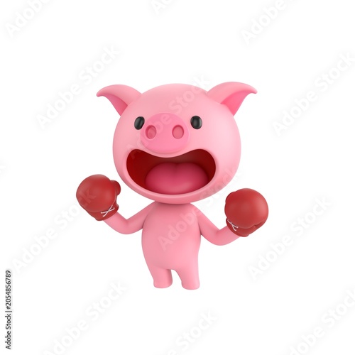 Cute 3D render Pig character wearing boxing gloves and raising both hands in a guard stance, ready to fight, showing determination and confidence, isolated on white background.