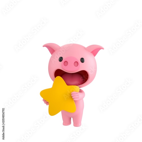 Cute 3D render Pig character hugging a star, showing love, warmth, and appreciation, isolated on white background.