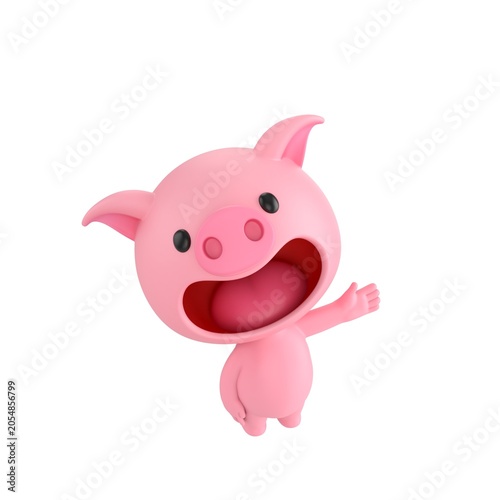 Cute 3D render Pig character looking up at the camera while gesturing to the side with one hand, friendly and welcoming pose, isolated on white background.