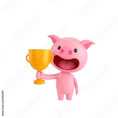 Cute 3D render Pig character standing and holding up a trophy, proud and celebratory pose, isolated on white background.