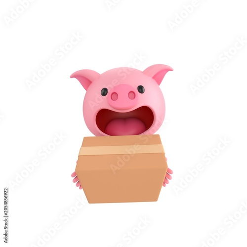 Cute 3D render Pig character standing and holding out a delivery box, offering a package with a friendly and helpful pose, isolated on white background.