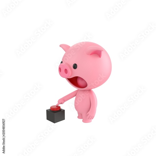 Cute 3D render Pig character pressing a red button with one finger, side view, focused and intentional action pose, isolated on white background.