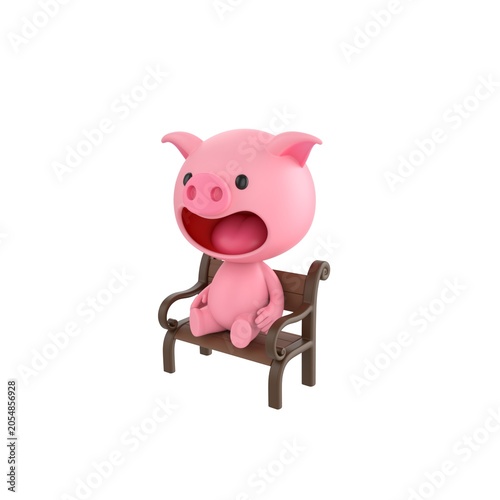 Cute 3D render Pig character sitting calmly on a bench, relaxed and peaceful pose, isolated on white background.