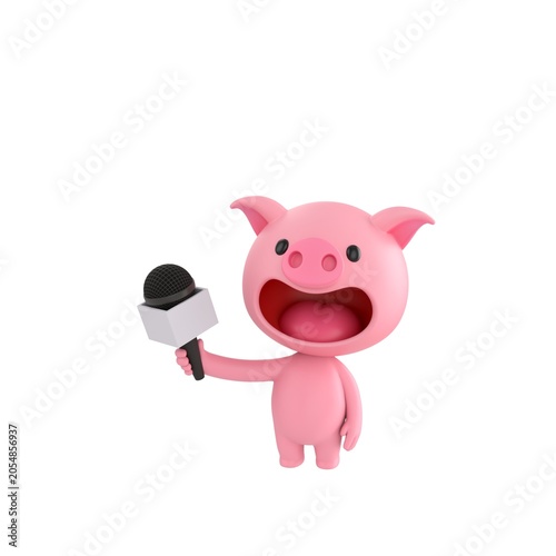 Cute 3D render Pig character standing and holding a microphone, conducting an interview in a reporter-style pose, friendly and professional, isolated on white background.