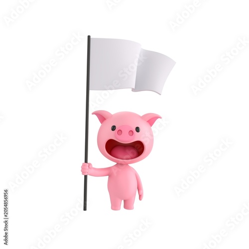 Cute 3D render Pig character standing and holding a white flag, neutral and symbolic pose, isolated on white background.