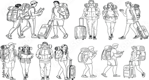 Fotografie Travelers, tourists, backpackers, and vacationers icons, people walking with lug