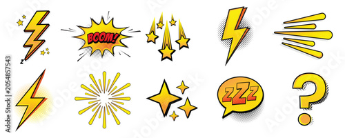Comic pop art yellow element set. Comic effect shape with pop art style. Comic speech bubbles halftone dot background.