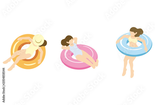 Isometric vector illustration set of women floating in colorful inner tubes. Females in swimwear for summer pool and sea concept.