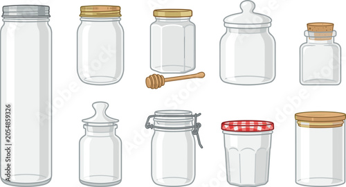 Tableau sur toile Empty glass jar vector set featuring mason jars cookie containers jam pots honey