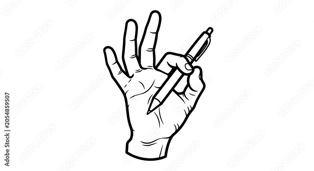 Fototapeta premium A black and white line art illustration of a hand holding a pen.