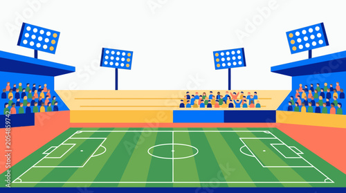 An empty football stadium with green pitch, goalposts, spectator stands, and bright floodlights under a clear sky.