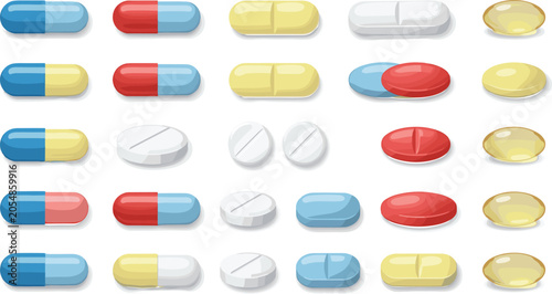 Tableau sur toile Medical pill and capsule vector set featuring colorful tablets round medicine ge