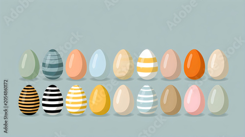 Set of colorful easter eggs with various patterns and solid colors, flat design style, vector illustration for holiday greeting cards, invitations, and decorations