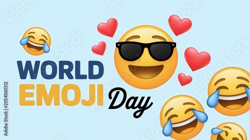 World Emoji Day poster with various emoticon and red heart on light blue background