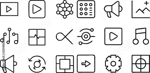 Foto A clean arrangement of user interface icons showcasing various digital functions like playback, data visualization, audio control, and system settings, rendered in a minimalist outline style