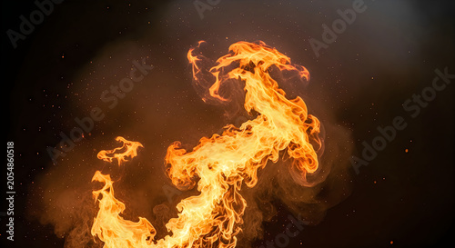 Dynamic fire flame isolated on black background, intense heat and energy, abstract blazing fire texture with glowing sparks and smoke particles for creative design