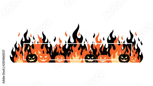 Fotografie Halloween Fire Frame: A festive and spooky frame featuring grinning jack-o'-lanterns amidst a dramatic blaze of orange and black flames, perfect for adding a fiery touch to your Halloween designs