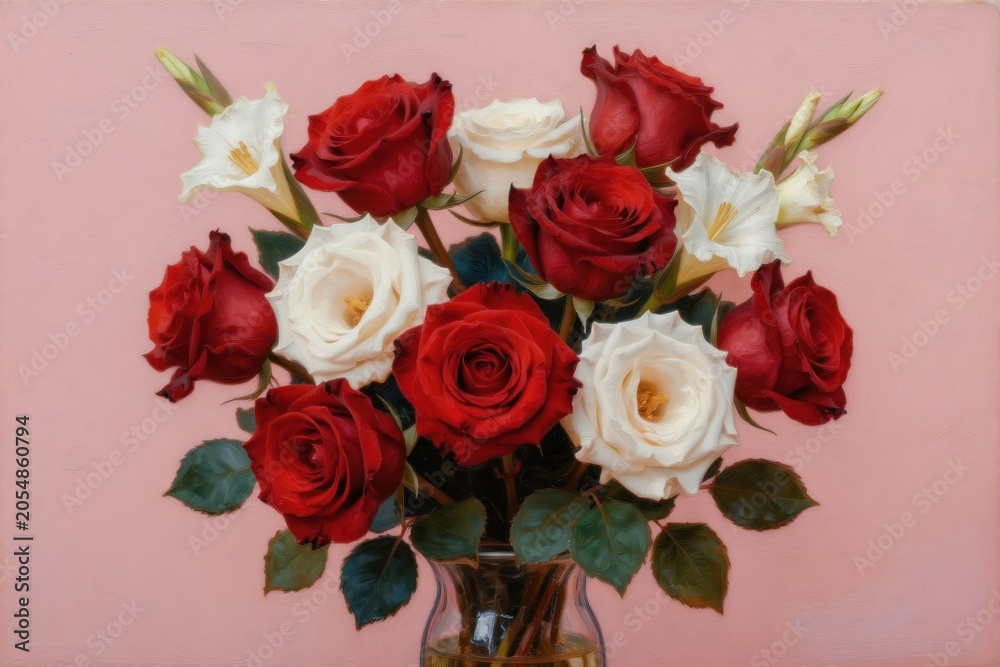 Fototapeta premium Oil painting showcases red roses and white gladioli in glass vase. Delicate flowers arranged on soft pink background. Floral artwork with rich texture and bloom.