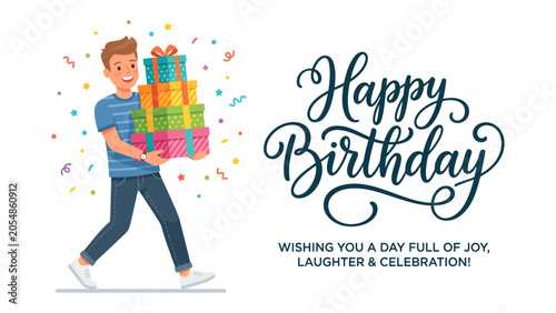 Tableau sur toile Man Carrying Birthday Gifts: A cheerful young man carries a stack of colorful, beautifully wrapped birthday gifts, with confetti showering around him, celebrating a special occasion